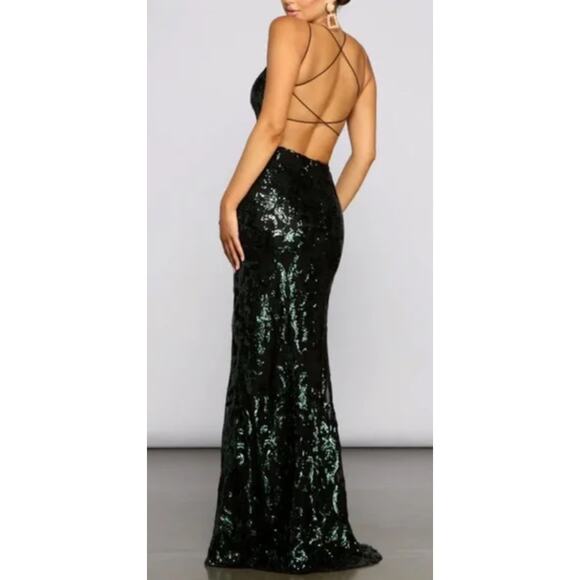 Windsor Emerald Green Sequin Maxi Dress Medium Open Back Formal Gown - Picture 2 of 13